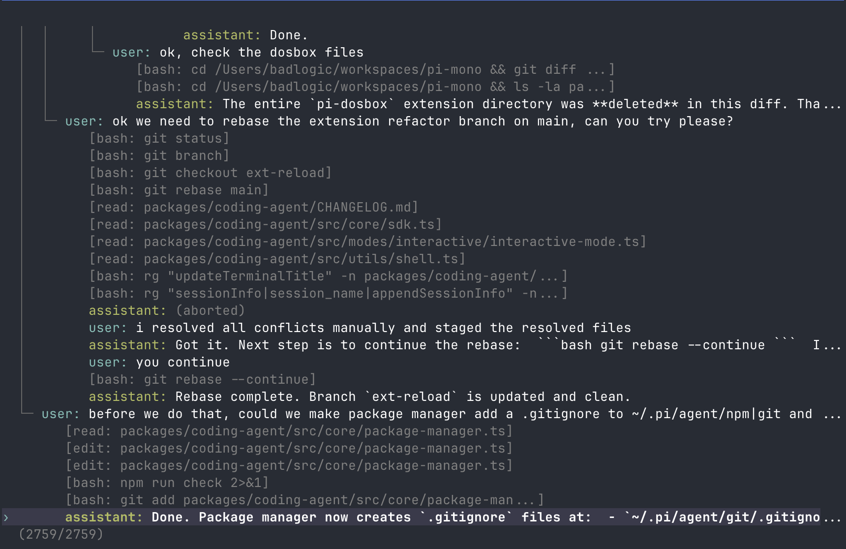 Pi tree-structured session view in the terminal, showing branching conversation history